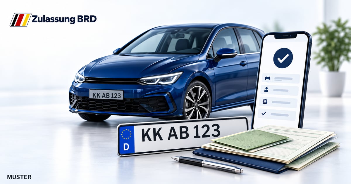 Online Fahrzeugzulassung in Willich: Musterkennzeichen KK AB 123, Auto und Fahrzeugpapiere und Smartphone. Illustration mit Logo von Zulassung BRD.